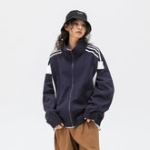 Unisex Jacket Vintage Color Stitching Stand-Collar Sports Jacket for Men and Women Casual Loose Jacket